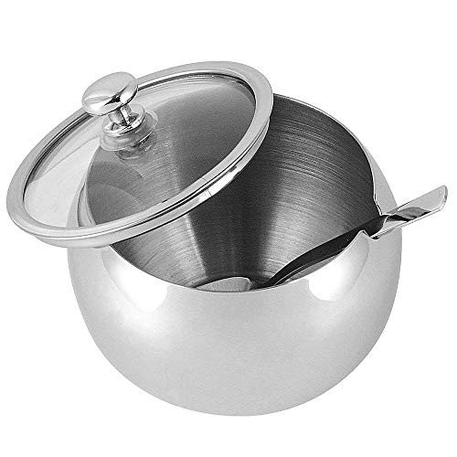 Azucarero de acero inoxidable, pequeño azucarero con tapa transparente y cuchara de azúcar para el hogar, cocina, hotel y cafeterías, 240 ml