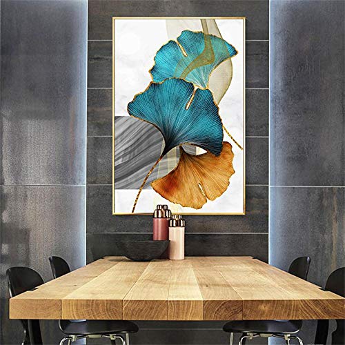 Azul Verde Amarillo Oro Planta Hoja Resumen Cartel Nórdico Lienzo Impresión Arte de la pared Pintura Imagen moderna Decoración de la sala 50x70CM SIN marco