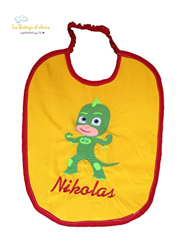Babero con elástica personalizado con bordado Gekko PJ MASKS y nombre – Nikolas – Bebé – Tamaños color 30 x 38 cm (aprox.)