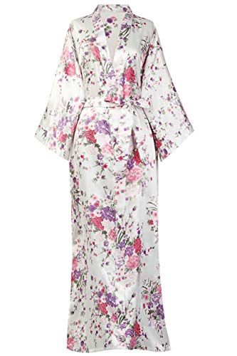 BABEYOND Kimono de Seda Vestido de Satén Kimono Pavo Real Novia Pijamas de Seda Bata de Satén 135 cm (Blanco)