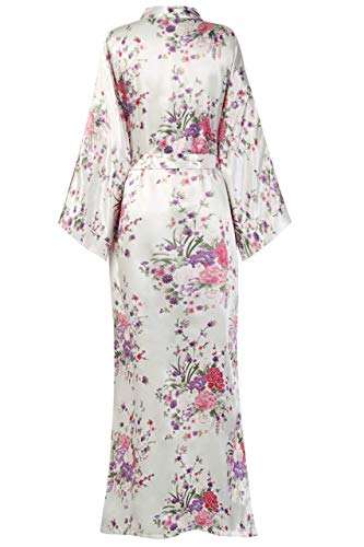 BABEYOND Kimono de Seda Vestido de Satén Kimono Pavo Real Novia Pijamas de Seda Bata de Satén 135 cm (Blanco)