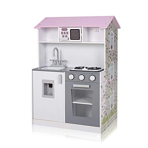 Baby Vivo Cocina de Juguete y Casa de Muñecas 2en1 Microondas 3 Niveles de Madera Niños Infantil Horno Lavabo Cocinita - Mira