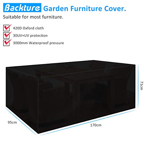 BACKTURE Funda Mesa Jardin, Fundas Muebles Jardín Impermeable de Exterior, 420D Oxford Cubierta de Mesa Resistente al Polvo Anti-UV, Protectora para Muebles de Jardin, Mesa y Sillas(170x95x71cm)