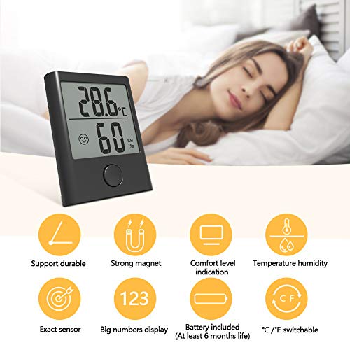 BACKTURE Termómetro Interior, 2 Pieza Mini Termómetro Higrómetro Digital con Imán, Termohigrómetro Profesional con Pantalla de Confort para Medición de Temperatura y Humedad del Casa Ambiente (Negro)