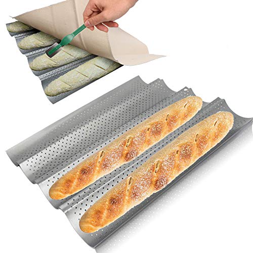 Baguette - Juego de sartenes para pan de baguette con revestimiento antiadherente de grado alimenticio para hornear pan francés 4 panes, con panaderos, paño a prueba de Couche y panecillos