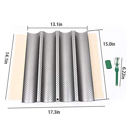 Baguette - Juego de sartenes para pan de baguette con revestimiento antiadherente de grado alimenticio para hornear pan francés 4 panes, con panaderos, paño a prueba de Couche y panecillos