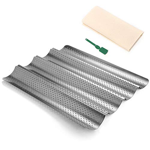 Baguette - Juego de sartenes para pan de baguette con revestimiento antiadherente de grado alimenticio para hornear pan francés 4 panes, con panaderos, paño a prueba de Couche y panecillos