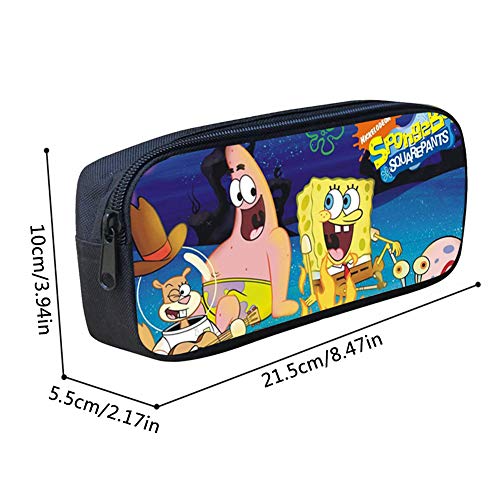 Baibei - Estuche para lápices de Bob Esponja de gran capacidad, con cremallera, bolsa de papelería, bolsa de cosméticos, con compartimentos, color negro, talla única