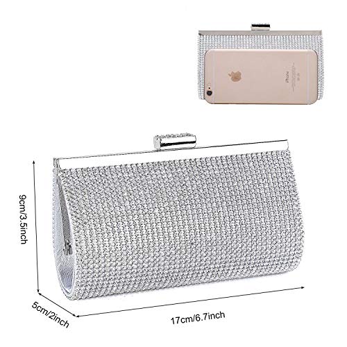 BAIGIO Clutch Mujer Fiesta Plata, Bolso Noche Ceremonia Cartera de Mano Bolsa con Cadena Strass Diamante para Boda Novia Cóctel