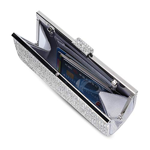 BAIGIO Clutch Mujer Fiesta Plata, Bolso Noche Ceremonia Cartera de Mano Bolsa con Cadena Strass Diamante para Boda Novia Cóctel