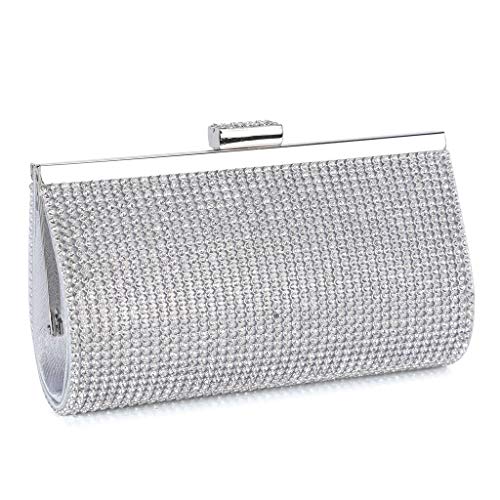 BAIGIO Clutch Mujer Fiesta Plata, Bolso Noche Ceremonia Cartera de Mano Bolsa con Cadena Strass Diamante para Boda Novia Cóctel