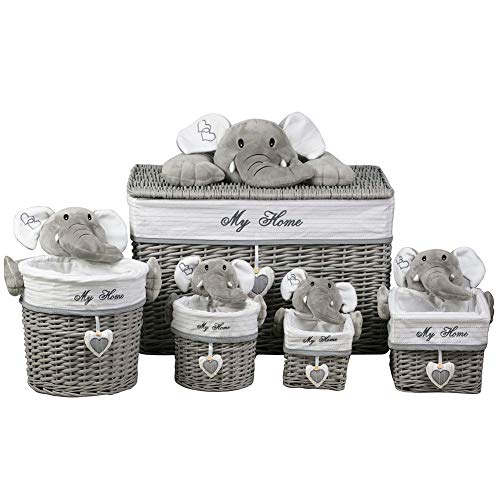BAKAJI – Juego de 5 cestas de Ropa con Peluche Cesta para la Ropa Sucia Sucia casa cestas Contenedor de Juegos de Mimbre y Tejido Varios tamaños