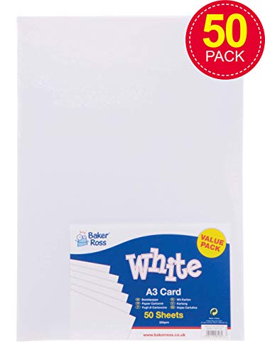 Baker Ross Cartulina blanca A3 - Láminas de cartulina blanca de 220 g/m2 (Pack de 50)