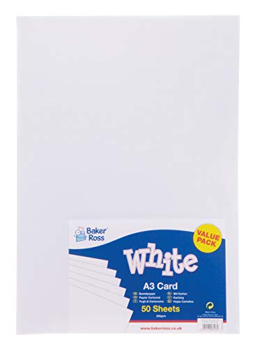 Baker Ross Cartulina blanca A3 - Láminas de cartulina blanca de 220 g/m2 (Pack de 50)