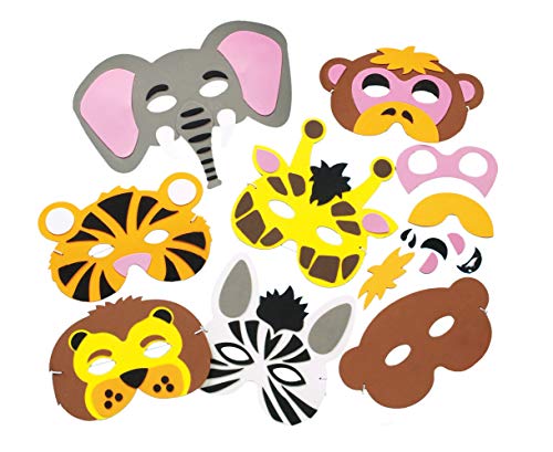 Baker Ross Kit de caretas de animales de la selva de espuma (mono, tigre, león, elefante, cebra, jirafa) que los niños pueden crear y usar (Paquete de 6).