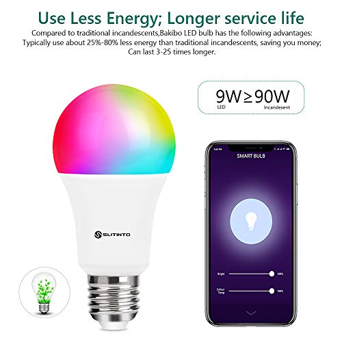 bakibo Bombilla LED Inteligente WiFi Regulable 9W 1000 Lm Lámpara, E27 Multicolor Bombilla Compatible con Alexa, Echo e Google Home, A19 90W Equivalente RGBCW Color Cambio Bombilla, 2 Pcs