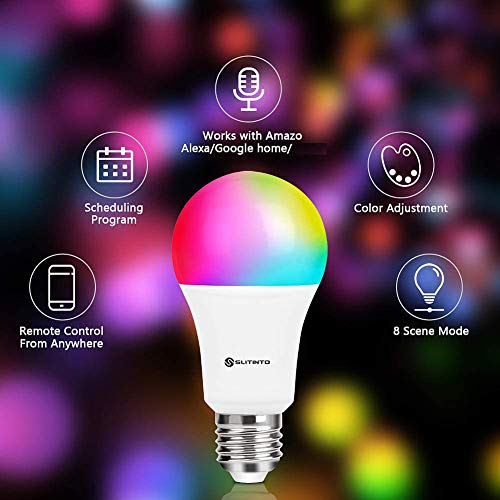 bakibo Bombilla LED Inteligente WiFi Regulable 9W 1000 Lm Lámpara, E27 Multicolor Bombilla Compatible con Alexa, Echo e Google Home, A19 90W Equivalente RGBCW Color Cambio Bombilla, 2 Pcs