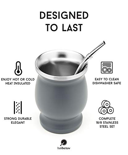 BALIBETOV Set de Mate de Doble Pared de Acero Inoxidable - Alternativa Mate de Calabaza - facil de Limpiar - Incluye 2 Bombillas (sorbetes) para Yerba Mate (Gris)