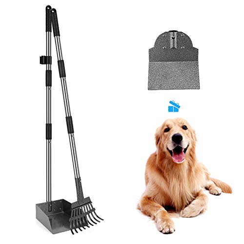 Bamda Juego de Metal Bandeja y Rastrillo para Caca de Mascotas con Mango Ergonómico Extra Largo Ajustable, Incluido - Pala