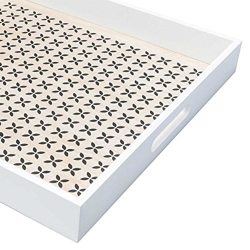 Bandeja Madera Servir MDF Chapado Color Blanco/Negro Natural Cuadrada - Estilo Nórdico con Estampado Étnico Modelo Oulu 40 * 40 * 5cm.
