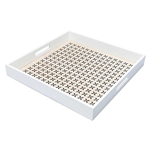Bandeja Madera Servir MDF Chapado Color Blanco/Negro Natural Cuadrada - Estilo Nórdico con Estampado Étnico Modelo Oulu 40 * 40 * 5cm.