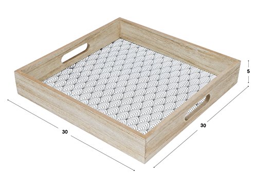 Bandeja Madera Servir MDF Chapado Pawlonia Color Blanco Negro Natural Cuadrada - Estilo Nórdico con Estampado Étnico Retro Vintage Modelo Oslo 30 * 30 * 5cm.