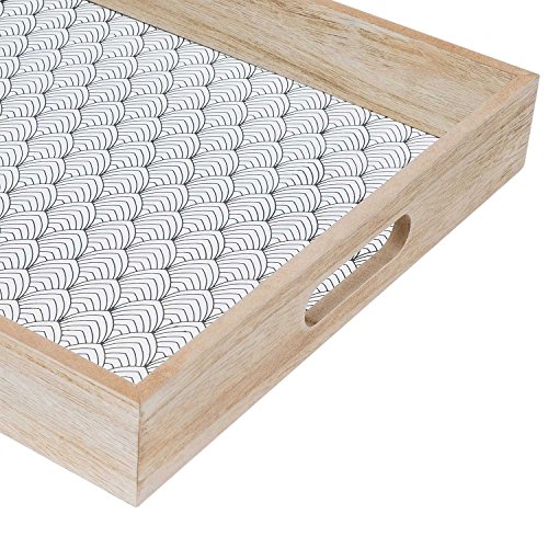Bandeja Madera Servir MDF Chapado Pawlonia Color Blanco Negro Natural Cuadrada - Estilo Nórdico con Estampado Étnico Retro Vintage Modelo Oslo 30 * 30 * 5cm.
