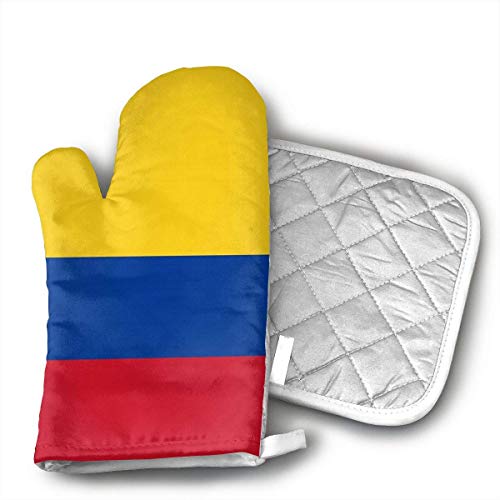 Bandera de Colombia Guantes y porta ollas para horno de cocina de poliéster Almohadillas calientes y manoplas de algodón para horno de microondas Resistentes al calor para hombres y mujeres