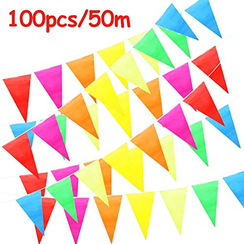 Banderines Decoración, Bunting Banner, Banderín Multicolor 50M con 100 Bunting Bandera de Triángulo para el Partido Jardín al aire Libre y Otras Fiestas