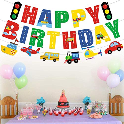 Banner de Cumpleaños de Transporte Cumpleaños Decoraciones Transporte Tema Coche Autobús Tren Avión Barco Helicóptero Semáforo Guirnalda para Fiesta de Cumpleaños
