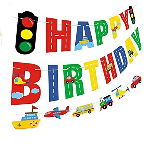 Banner de Cumpleaños de Transporte Cumpleaños Decoraciones Transporte Tema Coche Autobús Tren Avión Barco Helicóptero Semáforo Guirnalda para Fiesta de Cumpleaños