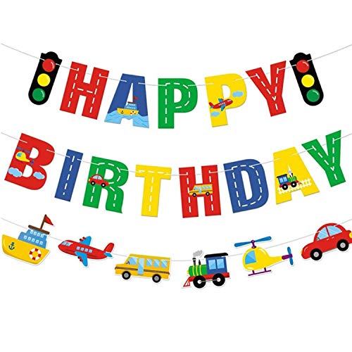 Banner de Cumpleaños de Transporte Cumpleaños Decoraciones Transporte Tema Coche Autobús Tren Avión Barco Helicóptero Semáforo Guirnalda para Fiesta de Cumpleaños