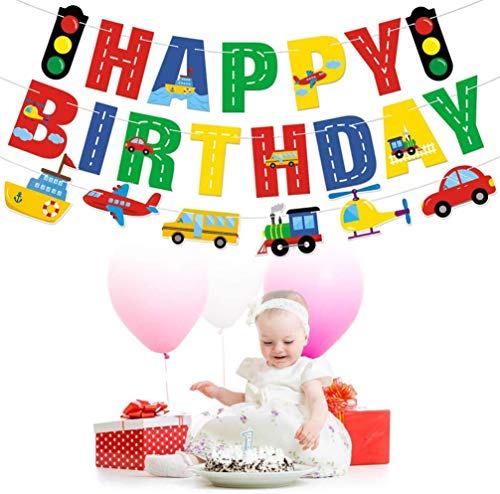 Banner de Cumpleaños de Transporte Cumpleaños Decoraciones Transporte Tema Coche Autobús Tren Avión Barco Helicóptero Semáforo Guirnalda para Fiesta de Cumpleaños