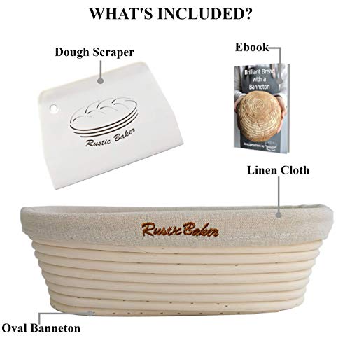 Banneton en Oval del Rustic Baker | Dim: 25*15*8 cm | La cesta para la fermentación de masa de pan | Panera en ratan natural | kit de panadería | lino para pan y raspador blanco incluido