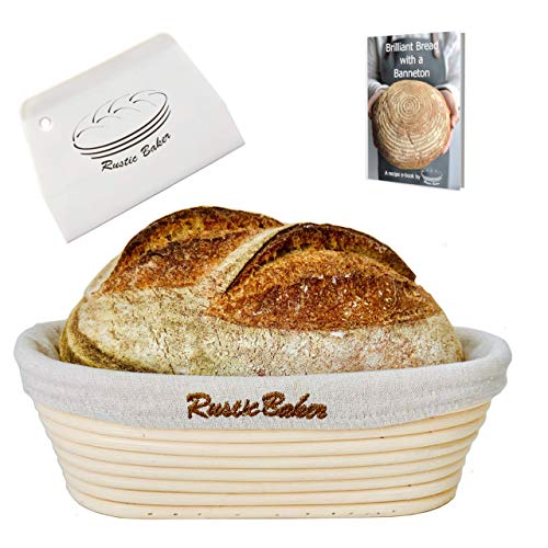 Banneton en Oval del Rustic Baker | Dim: 25*15*8 cm | La cesta para la fermentación de masa de pan | Panera en ratan natural | kit de panadería | lino para pan y raspador blanco incluido