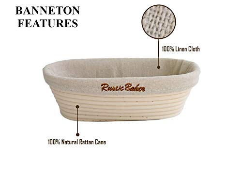 Banneton en Oval del Rustic Baker | Dim: 25*15*8 cm | La cesta para la fermentación de masa de pan | Panera en ratan natural | kit de panadería | lino para pan y raspador blanco incluido