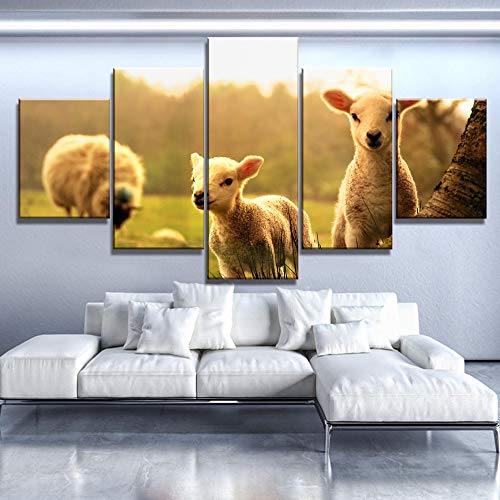 Baobaoshop 5 Piezas de impresión de Alta definición Gran Puesta de Sol rebaño ovejas decoración Animal decoración Arte sobre Lienzo para decoración del hogar decoración de la Pared-Sin Marco