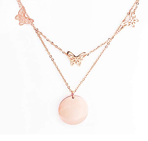 Baobei - Collar con colgante de círculo de acero inoxidable chapado en oro rosa con forma de mariposa, collar de doble fila con circonitas cúbicas, estilo minimalista, diseño geométrico sin níquel