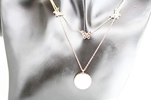 Baobei - Collar con colgante de círculo de acero inoxidable chapado en oro rosa con forma de mariposa, collar de doble fila con circonitas cúbicas, estilo minimalista, diseño geométrico sin níquel