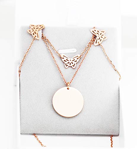 Baobei - Collar con colgante de círculo de acero inoxidable chapado en oro rosa con forma de mariposa, collar de doble fila con circonitas cúbicas, estilo minimalista, diseño geométrico sin níquel