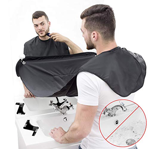 Barba Delantal con Dos Ventosas, Kit de Herramientas Profesional para Plantilla Barba, Dejen de Estorbar su Fregadero Capa para Afeitar Regalo para Hombre, Negro