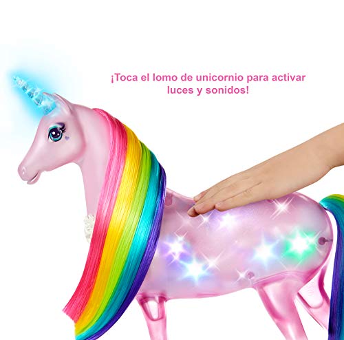 Barbie Dreamptopia Muñeca con pelo rosa y su unicornio luces mágicas (Mattel FXT26)