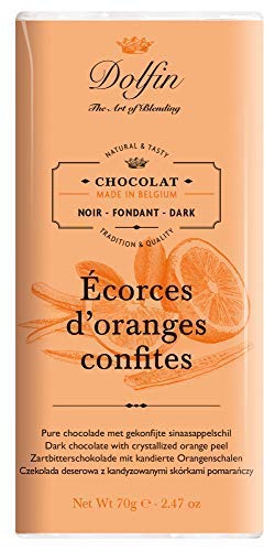 Barra Dolfin 60% negro oscuro con cáscara de naranja confitada fabricada en Bélgica - 1 x 70 gramos