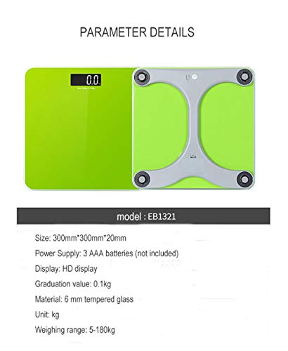 Báscula de baño con balanza digital de cristal templado y pantalla LED de alta definición, 180 kg, color verde