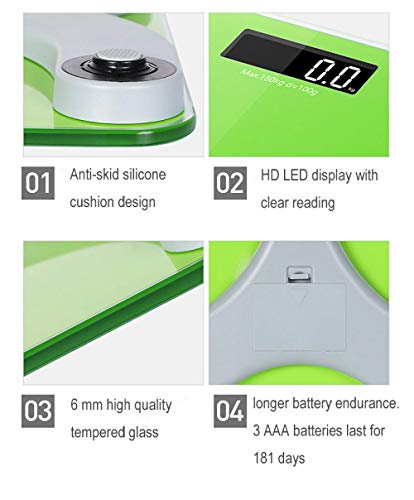 Báscula de baño con balanza digital de cristal templado y pantalla LED de alta definición, 180 kg, color verde