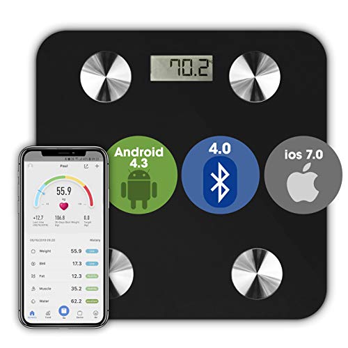 Báscula de baño con Bluetooth, báscula digital para iOS y Android, color negro