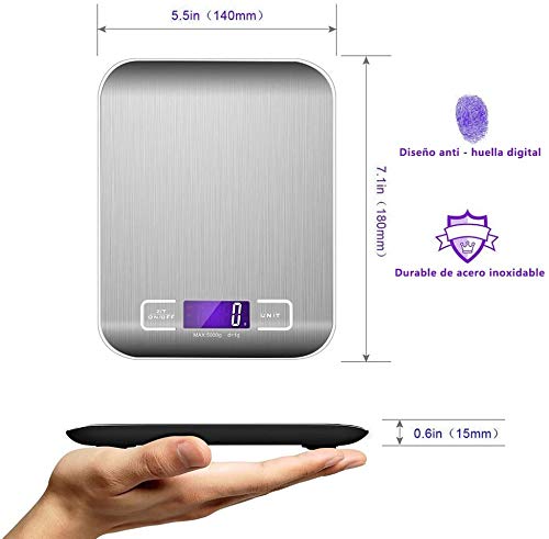 Básculas de cocina,Smart Digital Báscula con Pantalla LCD para Cocina de Acero Inoxidable, 5kg/11lbs, Balanza de Alimentos Multifuncional, Alta precisión hasta 1g, función de Tara (con 2 Baterías)