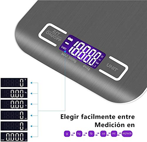 Básculas de cocina,Smart Digital Báscula con Pantalla LCD para Cocina de Acero Inoxidable, 5kg/11lbs, Balanza de Alimentos Multifuncional, Alta precisión hasta 1g, función de Tara (con 2 Baterías)