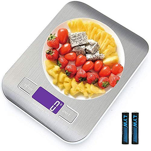 Básculas de cocina,Smart Digital Báscula con Pantalla LCD para Cocina de Acero Inoxidable, 5kg/11lbs, Balanza de Alimentos Multifuncional, Alta precisión hasta 1g, función de Tara (con 2 Baterías)