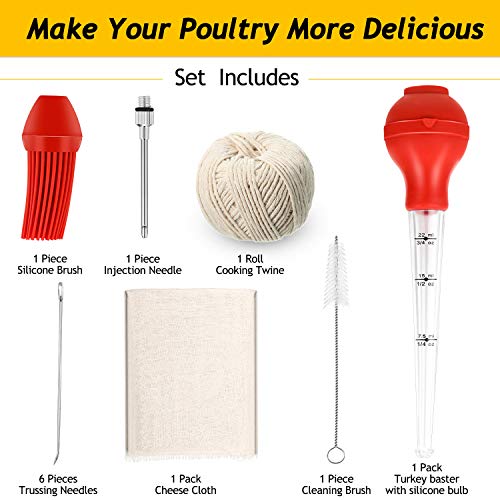 Baster de Pavo con Bombilla de Silicona Aguja de Inyector de Adobo de Carne Cepillo de Limpieza para Barbacoa Estopilla de Grado 90 Cordel de Cocina de Algodón Aguja de Asar de Carne de 7 Pulgadas